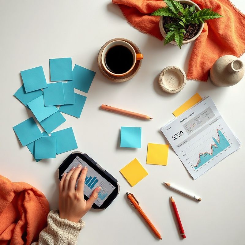 Flat-lay di una sessione di pianificazione strategica con report analitici e tablet