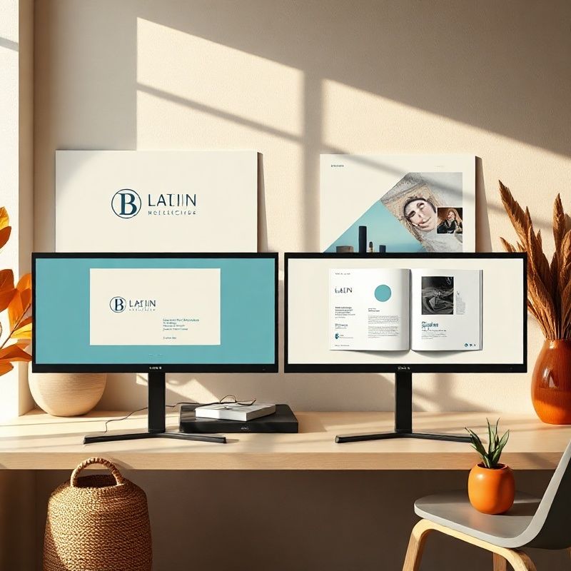 Mockup di sistema di brand identity con logo e biglietti da visita su doppio schermo