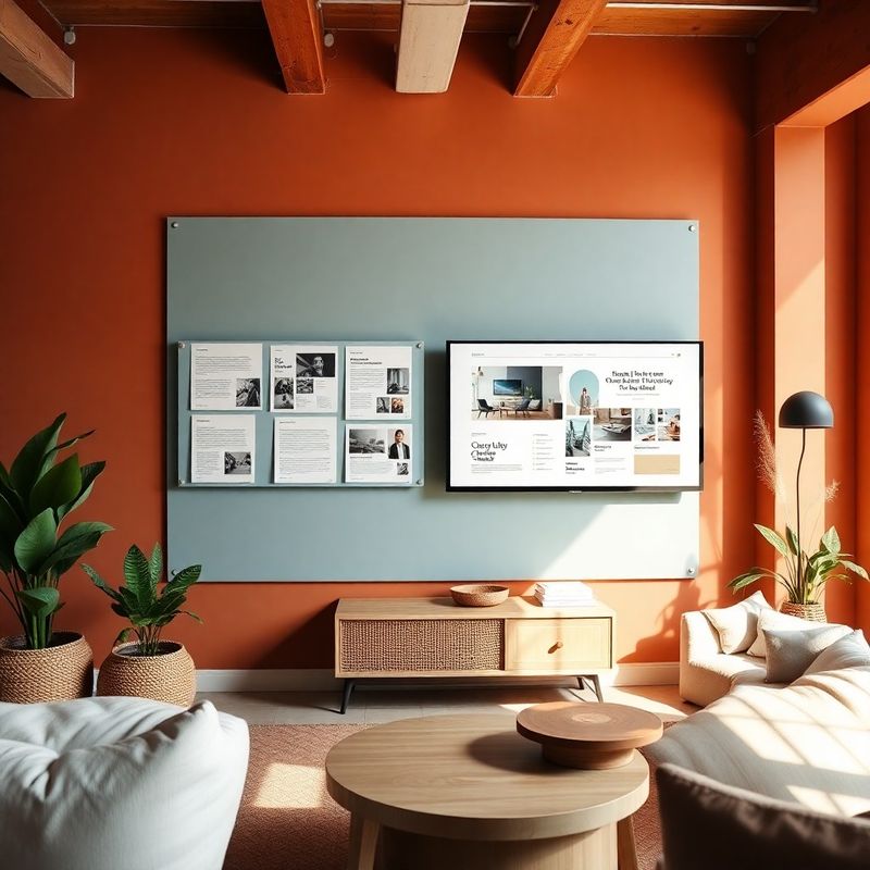 Parete del portfolio con case study stampati e mockup di monitor nello studio di Brescia